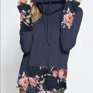 Tops - Jersey knit cowl neck top with floral cuffs & hem Tops - Jersey knit cowl neck top with floral cuffs & hem